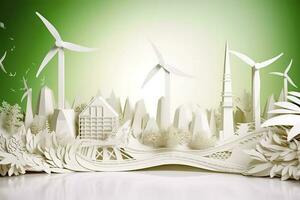 Paper art, renewable energy with green energy such as wind turbines, Renewable energy by 2050 Carbon neutral energy, Energy consumption, and CO2, Reduce CO2 emission concept, generate ai photo