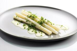 Modern Style Traditional Steamed White Asparagus with Cured Ham and Hollandaise Sauce Served as Top View on a Nordic Design Plate with Copy Space, generate ai photo