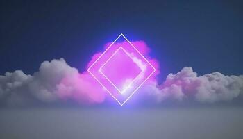 3d render, abstract minimal background with pink blue yellow neon light square frame with copy space, illuminated stormy clouds, glowing geometric shape, generate ai photo