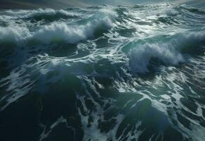 aerial view of huge waves in blue ocean, in the style of textural explorations, fluid gestures, unreal engine, generate ai photo