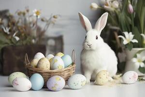White rabbit with Easter eggs for Easter Day , photo
