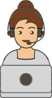 Smart Young Lady Wearing Headphone With Laptop Grey Icon. vector