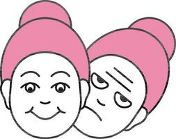 Happy And Sad Face Reaction Young Woman Icon In Pink and White Color. vector