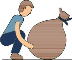 Flat Style Man Try Lifting Heavy Sack Colorful Icon. vector