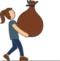 Young Woman Carrying Heavy Sack Colorful Icon. vector