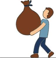 Young Man Carrying Heavy Sack Colorful Icon. vector