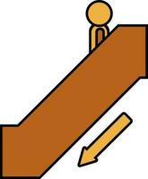 Man On Escalator Going Down Icon In Brown And Yellow Color. vector