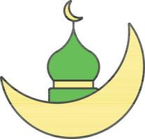 Green And Yellow Crescent Moon With Mosque Icon. vector