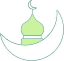 Green And White Crescent Moon With Mosque Icon. vector