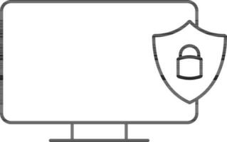 Monitor With Protection Shield Icon In Black Outline. vector