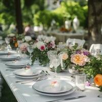 mesa ajuste a un lujo Boda y hermosa flores en el mesa , generar ai foto