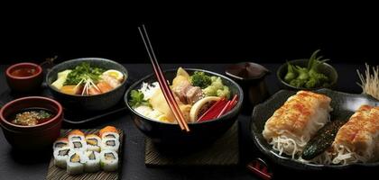 tradicional japonés comida platos en negro fondo, generar ai foto