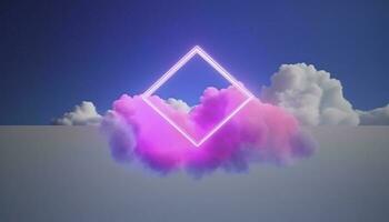 3d render, abstract minimal background with pink blue yellow neon light square frame with copy space, illuminated stormy clouds, glowing geometric shape, generate ai photo