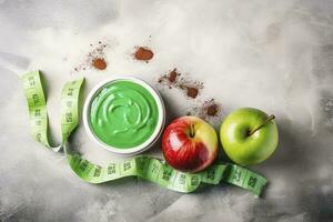 Sauces, apple and green measuring tape on grunge background. Diet concept, generate ai photo