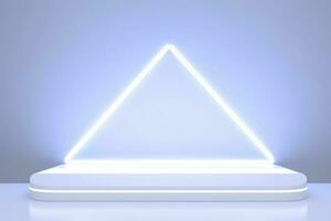 Realistic podium display with neon white lights, Product display background with light frame, White prodium product display with light effect, neon lights background, generate ai photo