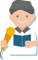 Young Little Boy Holding Notes With Microphone For Speech And Singing Icon. vector