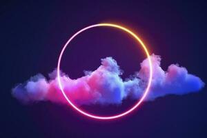 3d render, abstract cloud illuminated with neon light ring on dark night sky. Glowing geometric shape, round frame, generate ai photo