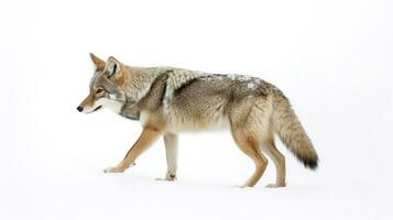 A lone coyote Canis latrans isolated on white background walking and hunting in the winter snow in Canada, generate ai photo