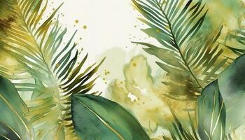 Tropical foliage watercolor background vector. Summer botanical design with gold line art, palm leaves, green watercolor texture. Luxury tropical illustration for banner, generate ai photo