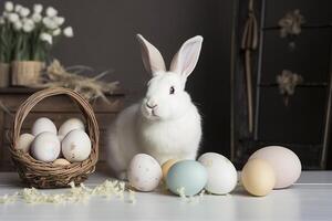 White rabbit with Easter eggs for Easter Day , photo