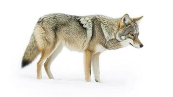 A lone coyote Canis latrans isolated on white background walking and hunting in the winter snow in Canada, generate ai photo