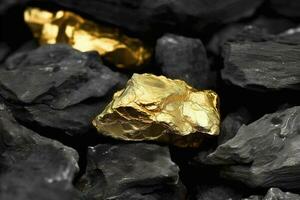 Shiny gold nuggets on coals, closeup view, generate ai photo