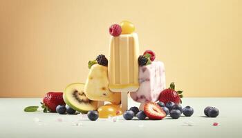 Levitating ice cream popsicles with fruit and berries on pastel background, free copyspace for text. Flying ice cream, summer dessert, frozen fruit juice. image photo