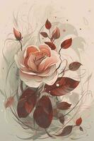 un rojo Rosa en un resumen estilo con flores y hojas, en el estilo de suave, apagado color paleta, línea dibujo estilo, efímero formas, generar ai foto