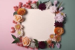 A frame decorated with flowers, blank space for text. Flat lay, top view. Floral frame, frame of flowers. Floral background. Wedding invitation, greeting card mockup. photo