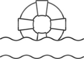 Lifebuoy On Wave Icon in Black Outline. vector