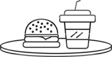 Black Outline Burger And Disposable Cup On Plate Icon. vector