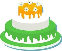 Beautiful Flowers Decorated Three Layer Cake Flat Icon In Tricolor. vector