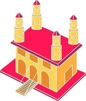 Medieval Castle Icon In Pink And Yellow Color. vector