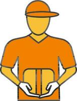 Faceless Delivery Boy Holding Courier Box Yellow And Orange Icon. vector