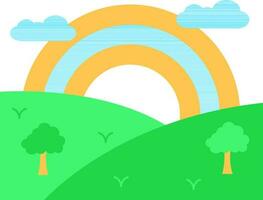 Colorful Landscape With Rainbow Icon In Flat Style. vector