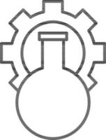 Chemical Flask With Cogwheel Icon In Black Line Art. vector