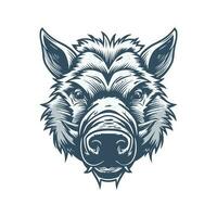 Wild pig angry face logo with two large tusks coming up from his closed mouth. Pig icon illustration drawing. vector
