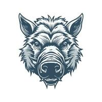 Wild pig angry face logo with two large tusks coming up from his closed mouth. Pig icon illustration drawing. vector