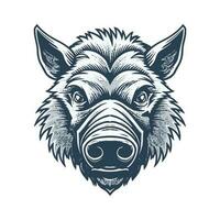 Wild pig angry face logo with two large tusks coming up from his closed mouth. Pig icon illustration drawing. vector