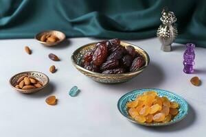 Eid al-Fitr holiday concept with sweet dried dates, fruits and decorations on bright background. Top view from above, generate ai photo