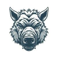 Wild pig angry face logo with two large tusks coming up from his closed mouth. Pig icon illustration drawing. vector