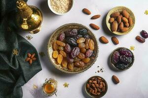 Eid al-Fitr holiday concept with sweet dried dates, fruits and decorations on bright background. Top view from above, generate ai photo