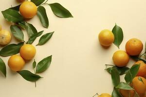 Whole orange yellow tangerines with green leaves on pastel beige background, copyspace. Citrus fruits mandarines as minimal food frame background, empty space, above view, generate ai photo