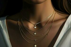 antecedentes con perlas y cadenas dorado metálico collar. en negro. vector ilustración, generar ai foto