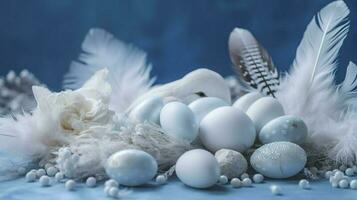a bright blue background with one white Down feathers and eggs, in the style of soft and dreamy pastels, glimmering light effects, nature-inspired imagery, generat ai photo