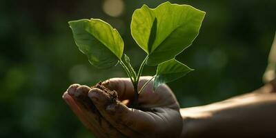 A child holding a plant in their hands with a green background and sunlight shining through the leaves on the plant, generate ai photo