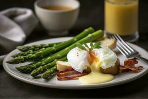 Benedict poached Duck egg with crispy bacon and fried asparagus on toasts for breakfast, generate ai photo