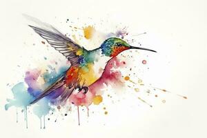 Create a beautiful painting of a hummingbird feeding on nectar watercolor painting, beautiful natural forms, crisp clean shapes, colorful, white background, generate ai photo