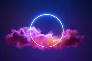 3d render, abstract cloud illuminated with neon light ring on dark night sky. Glowing geometric shape, round frame, generate ai photo