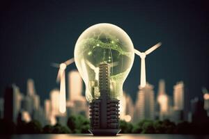 Energy consumption and CO2 gas emissions are increasing light bulbs with green eco city, Renewable energy by 2050 Carbon neutral energy, Save energy creative idea concept, . photo